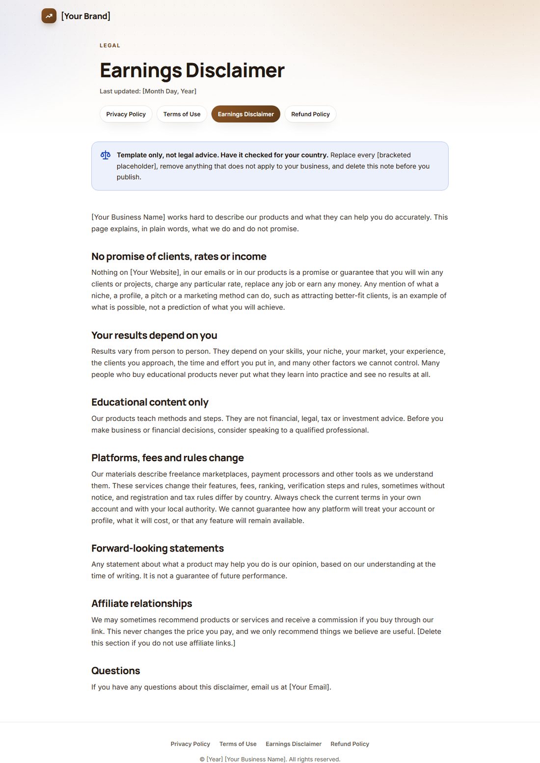 The Earnings Disclaimer template