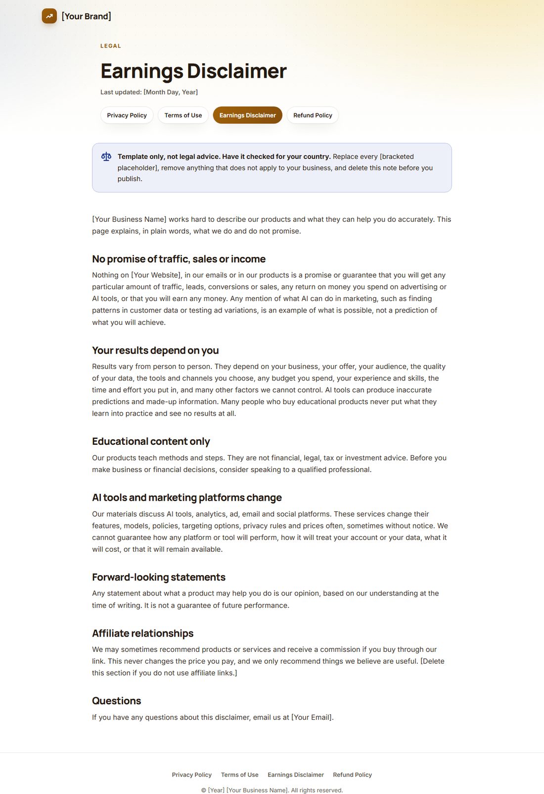 The Earnings Disclaimer template