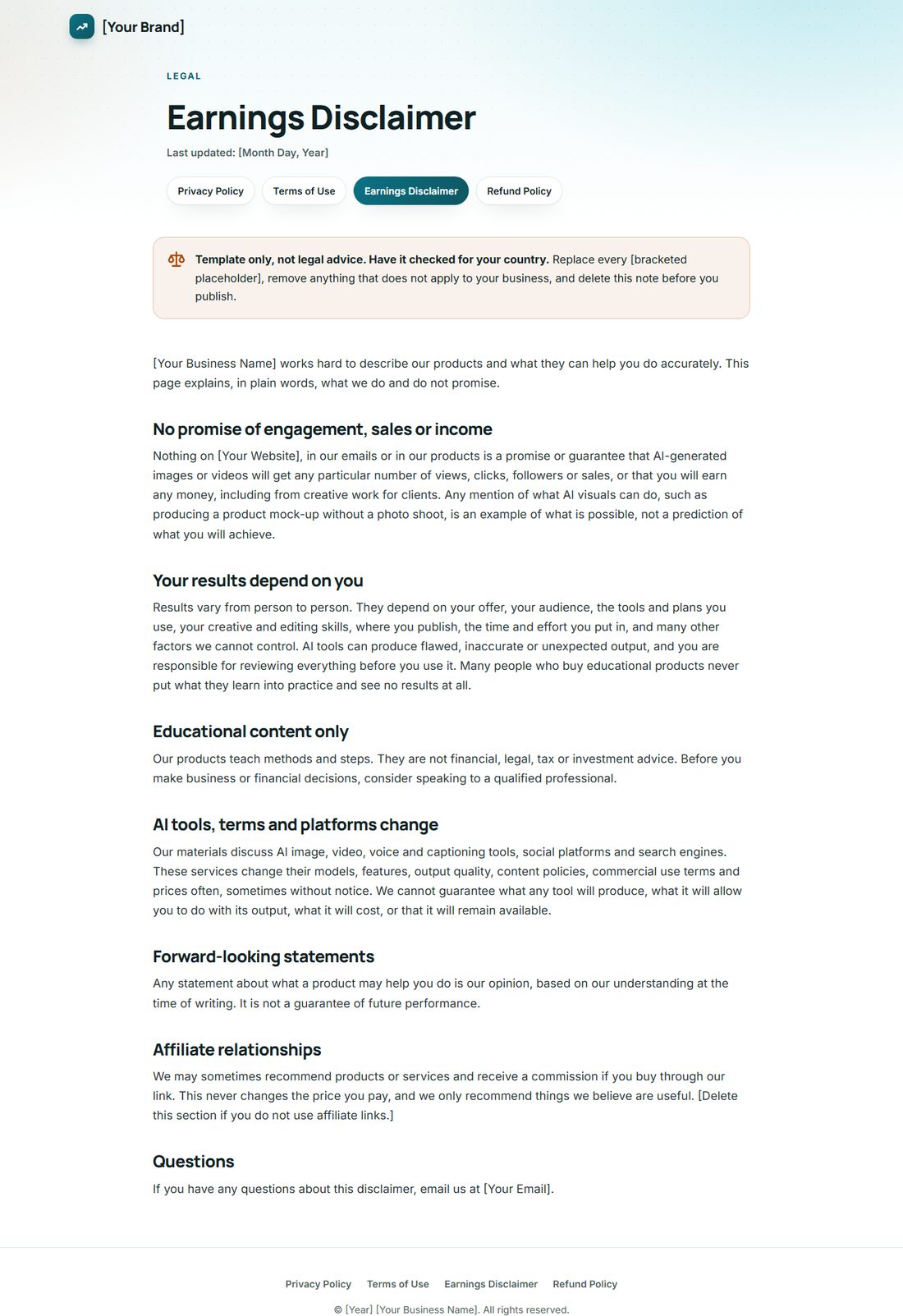The Earnings Disclaimer template