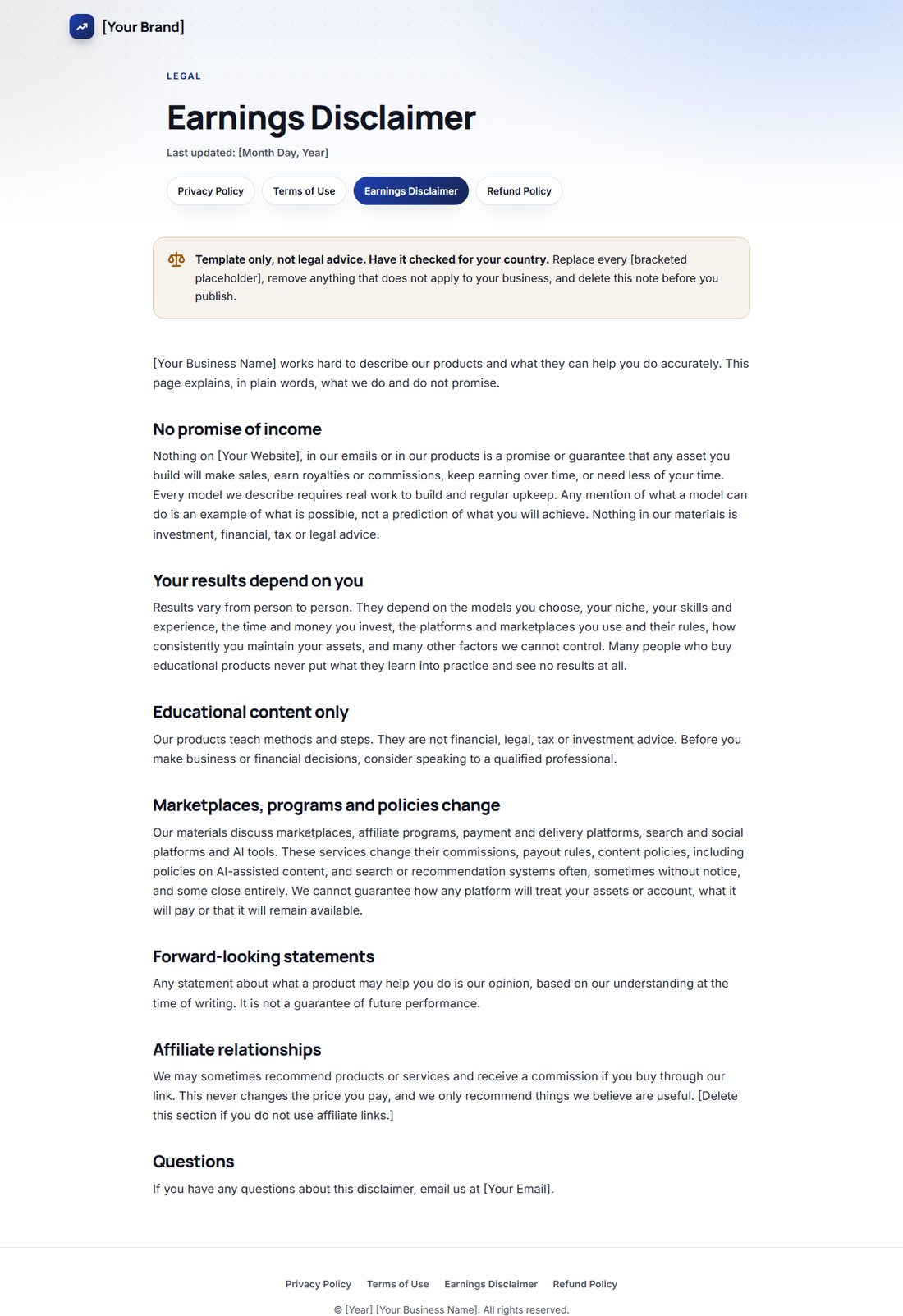 The Earnings Disclaimer template