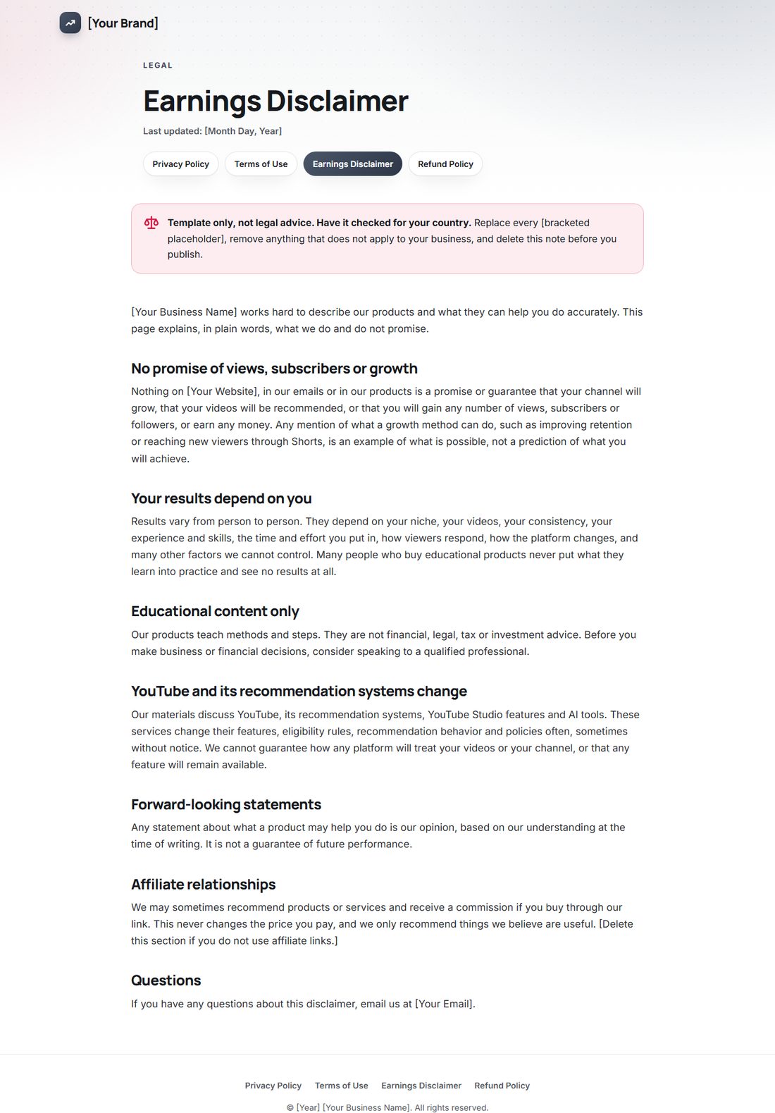 The Earnings Disclaimer template