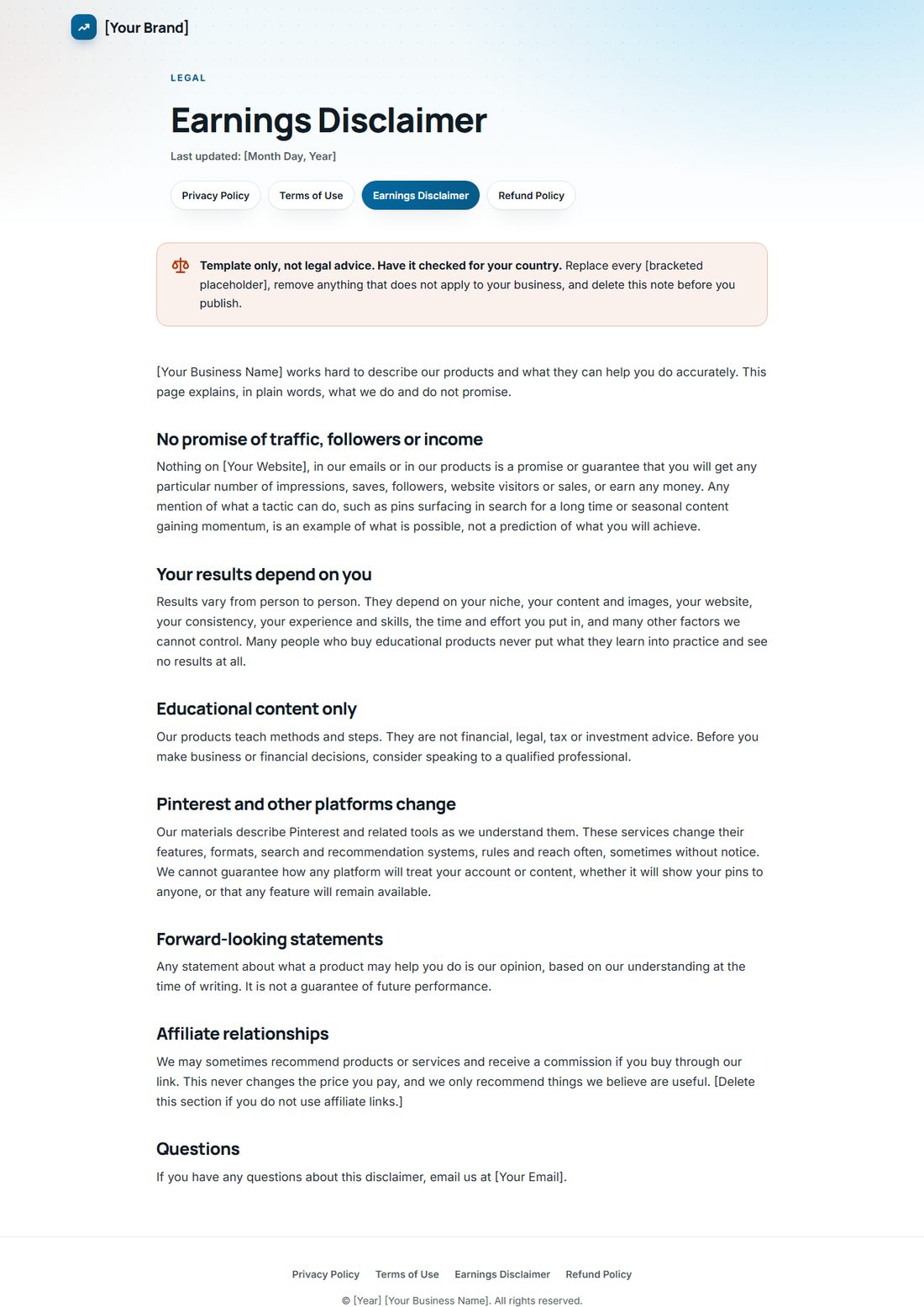 The Earnings Disclaimer template