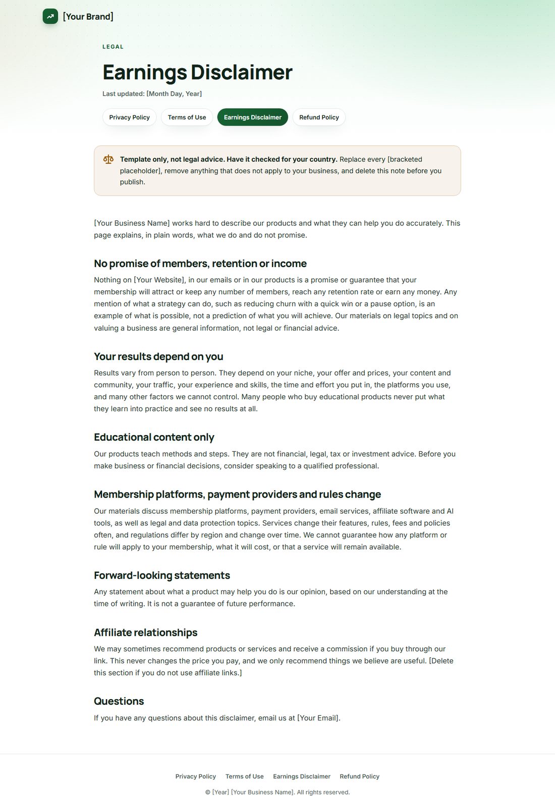The Earnings Disclaimer template