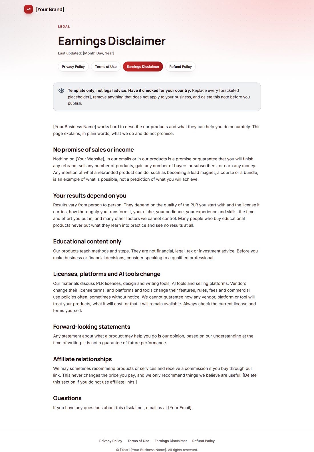 The Earnings Disclaimer template