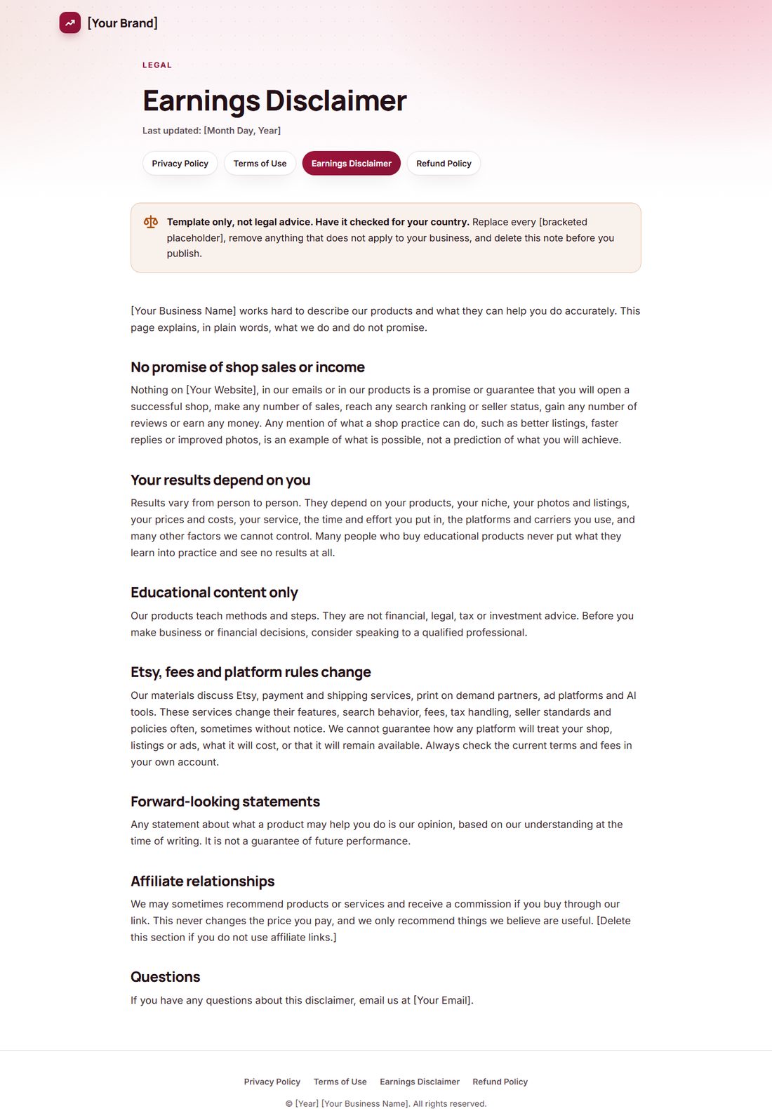 The Earnings Disclaimer template