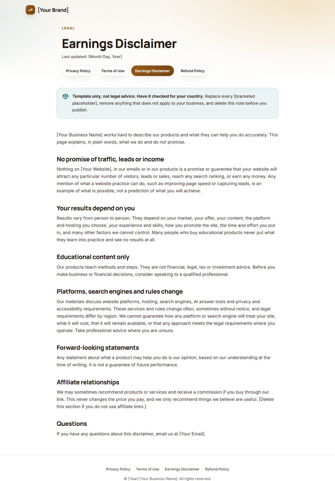 The Earnings Disclaimer template