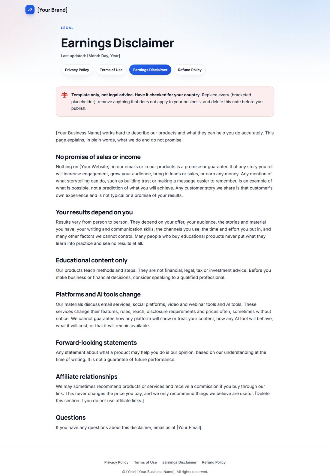 The Earnings Disclaimer template