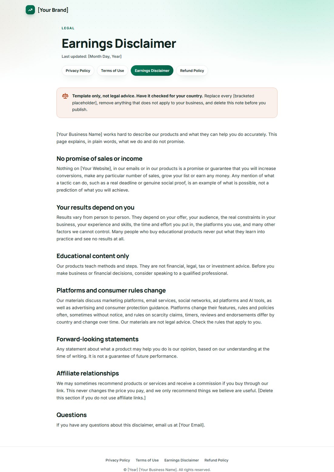The Earnings Disclaimer template