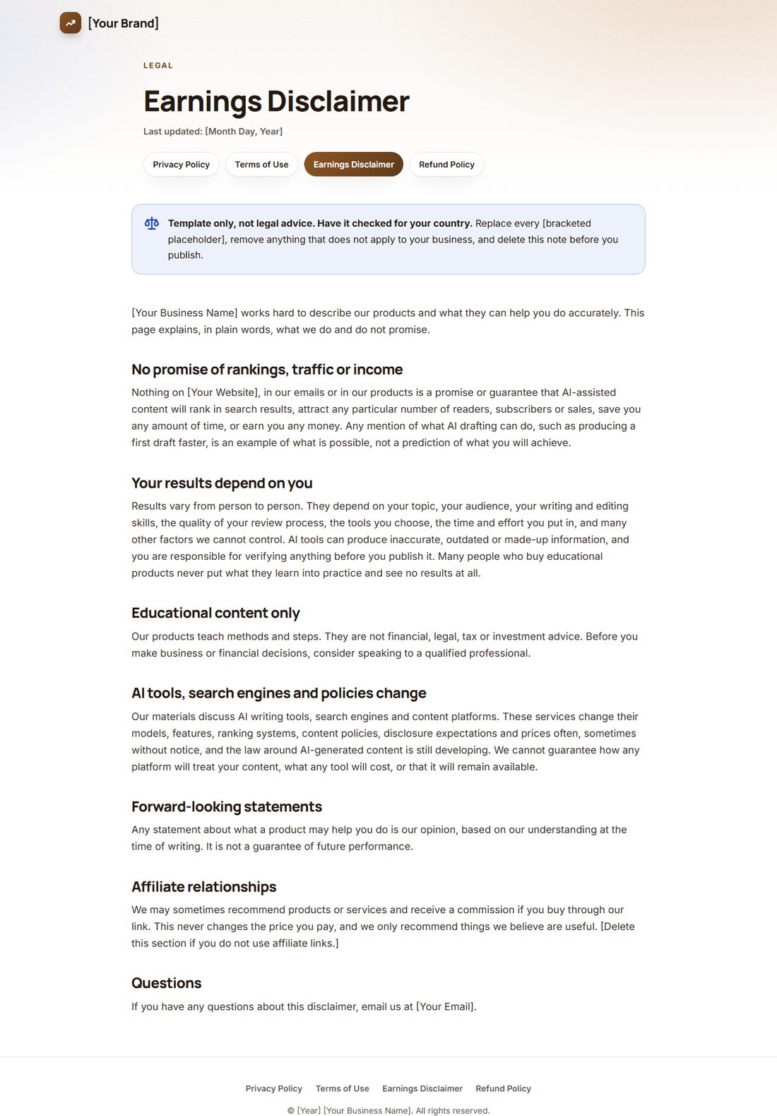 The Earnings Disclaimer template