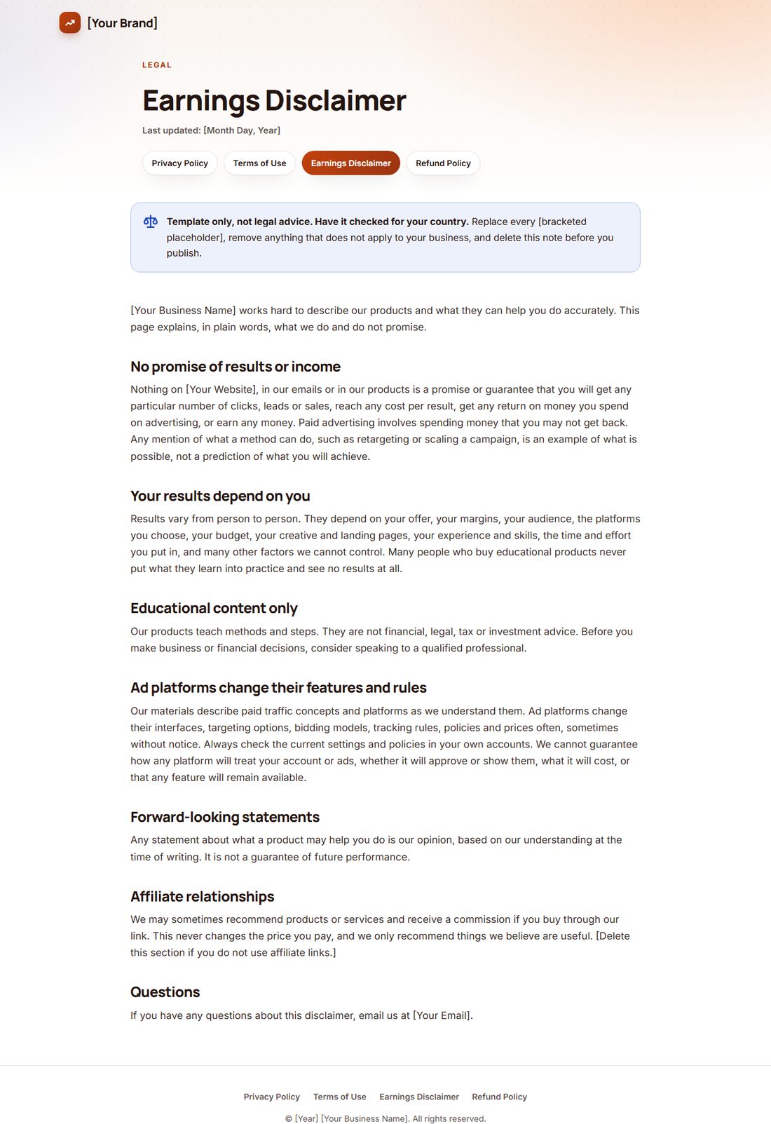 The Earnings Disclaimer template
