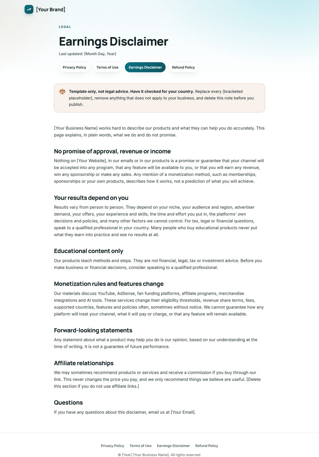 The Earnings Disclaimer template