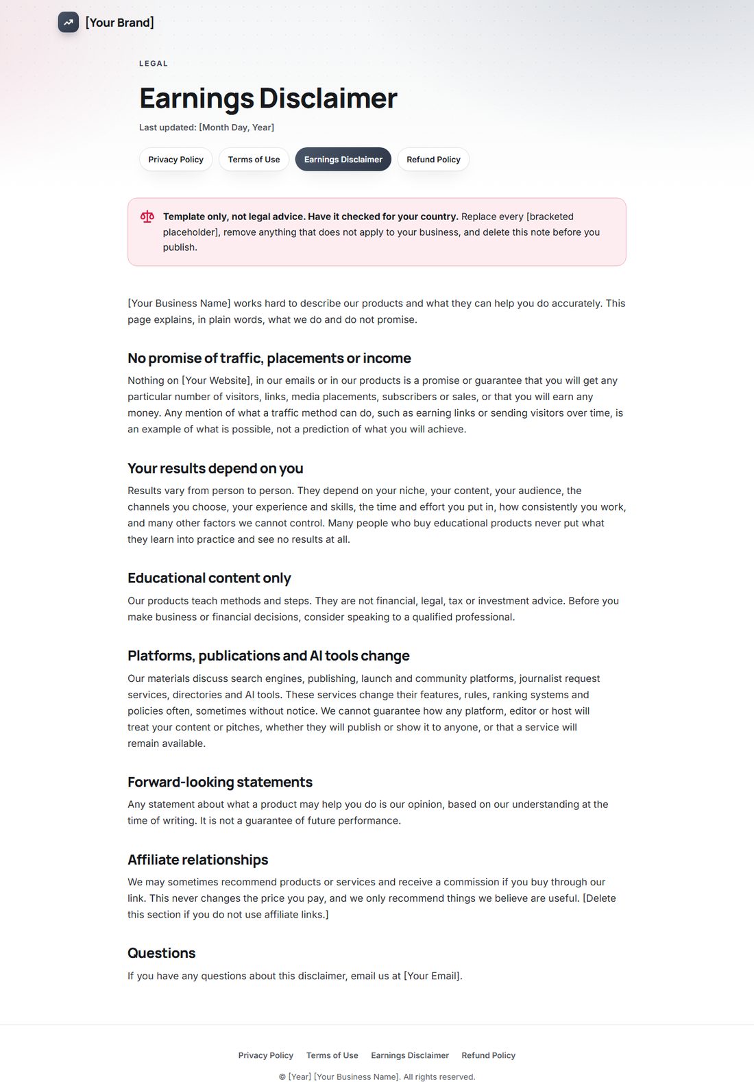 The Earnings Disclaimer template