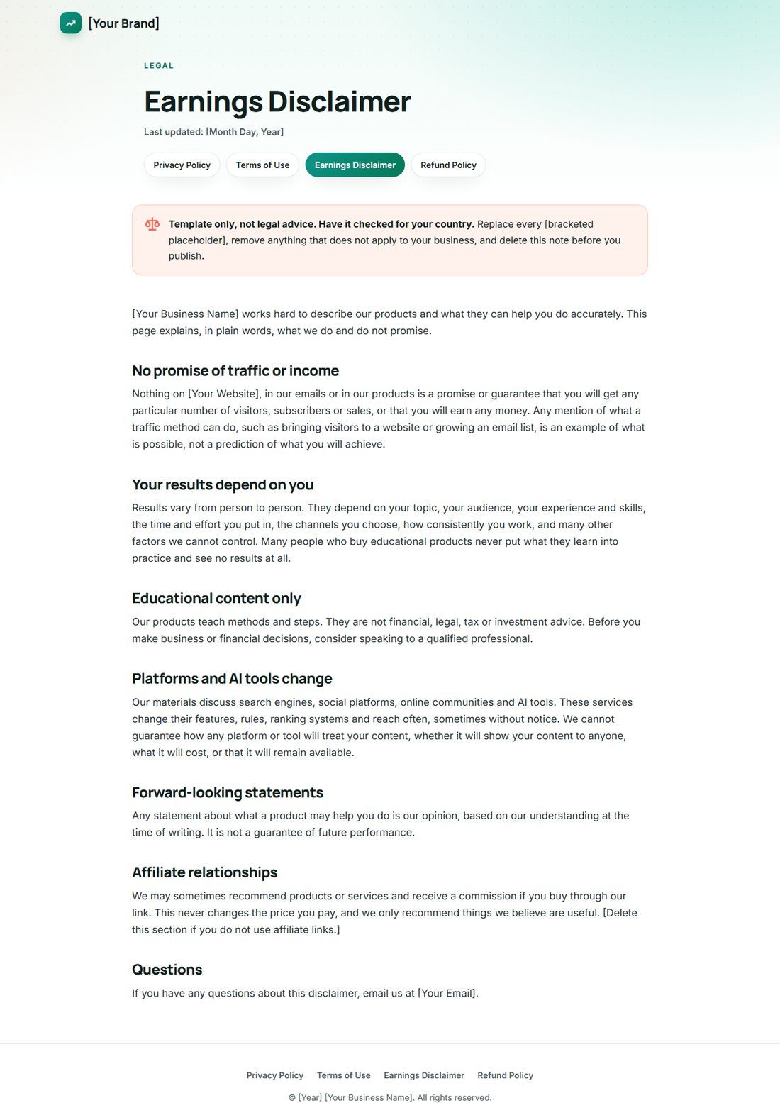 The Earnings Disclaimer template