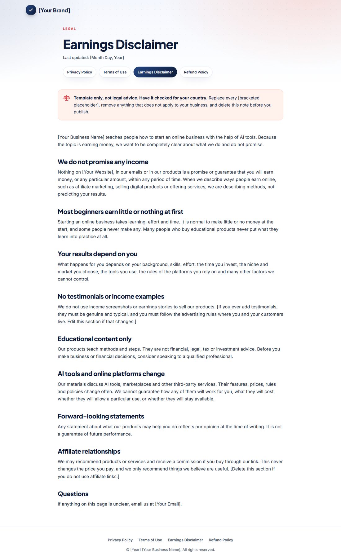 The Earnings Disclaimer template
