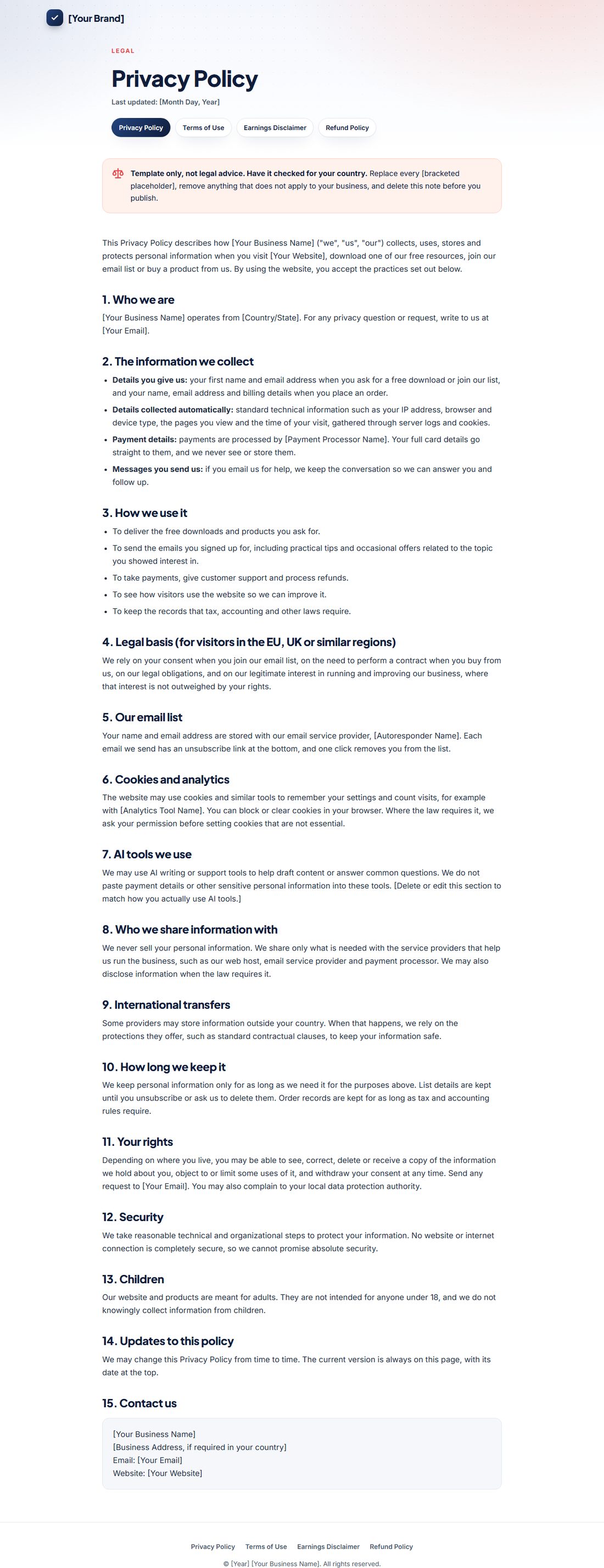 The Privacy Policy template