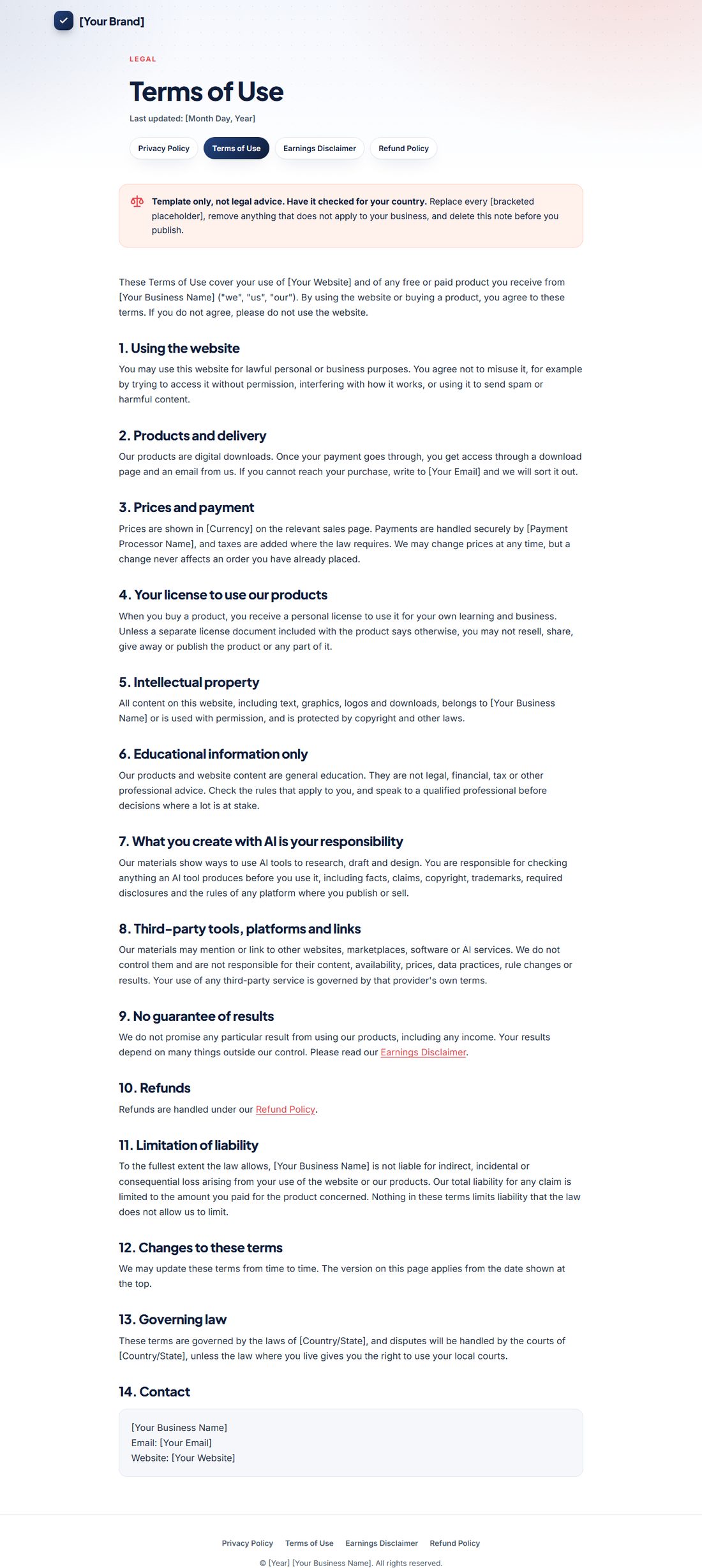 The Terms Of Service template