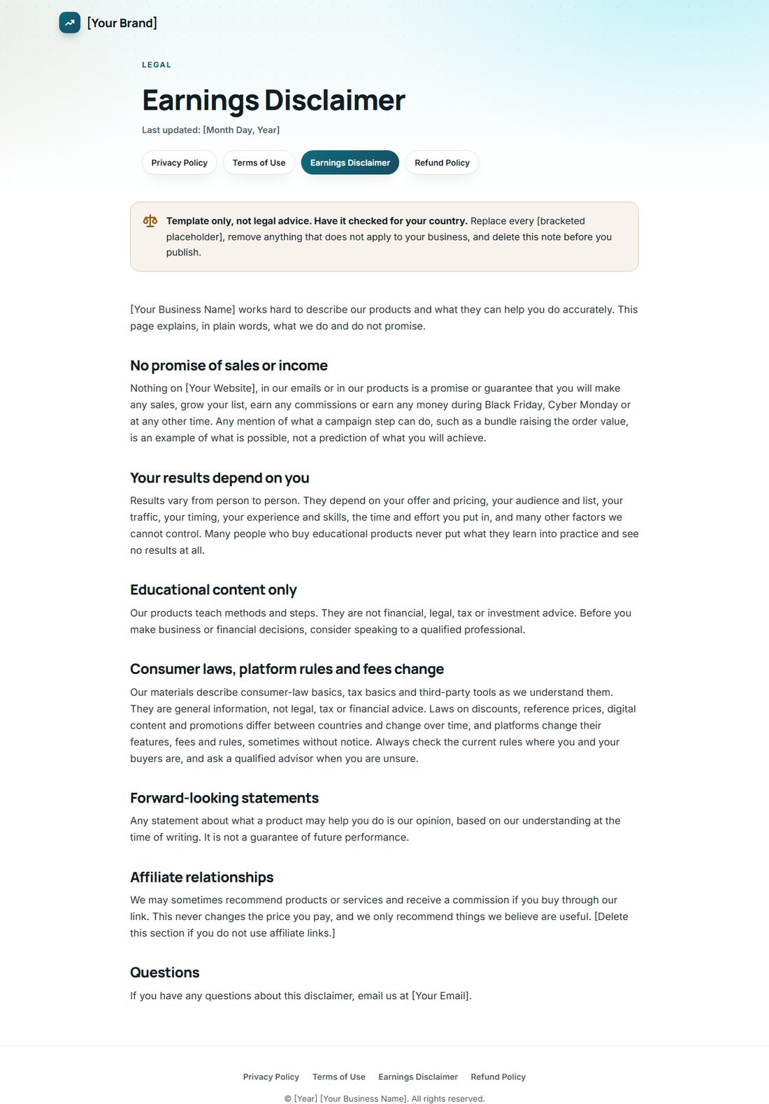 The Earnings Disclaimer template