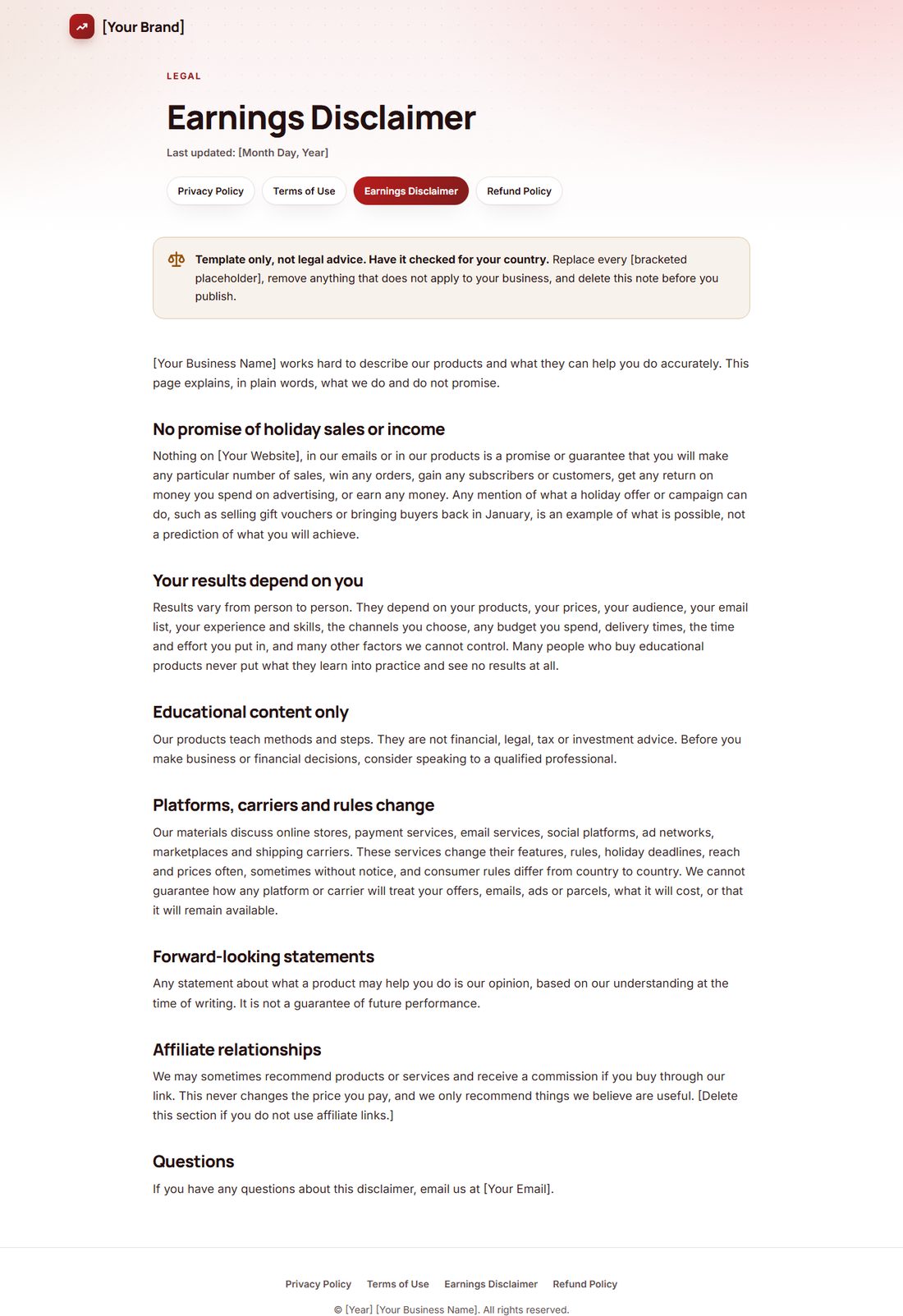 The Earnings Disclaimer template
