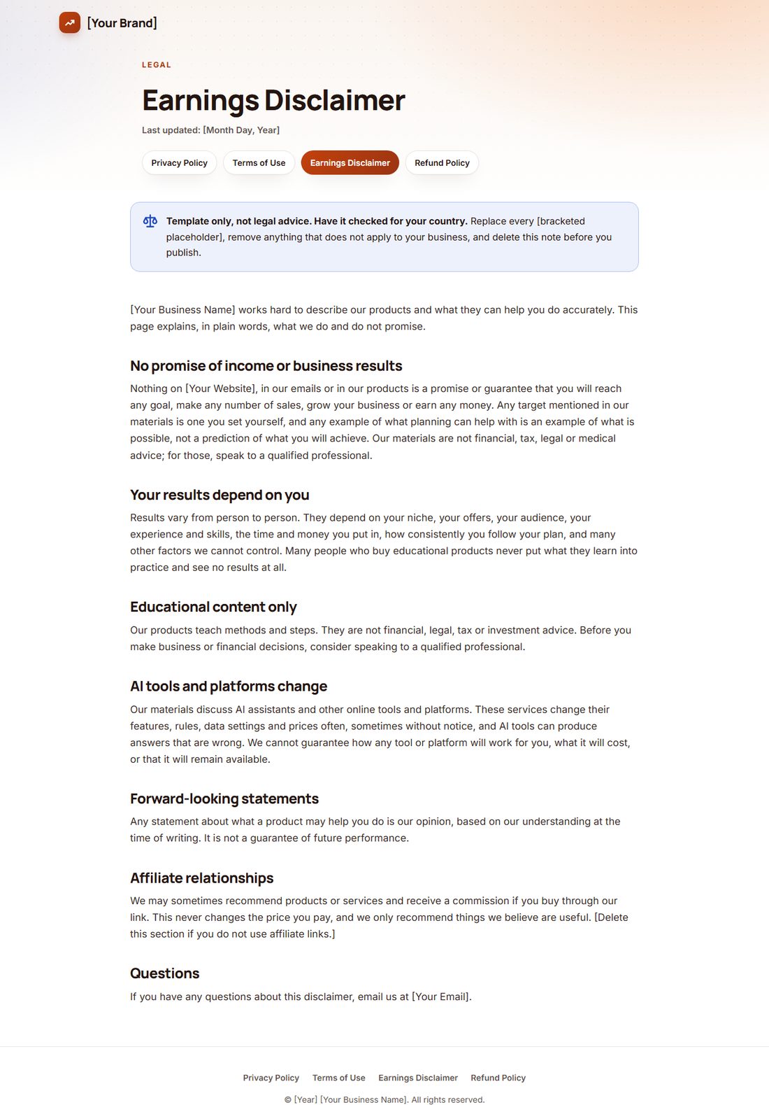 The Earnings Disclaimer template