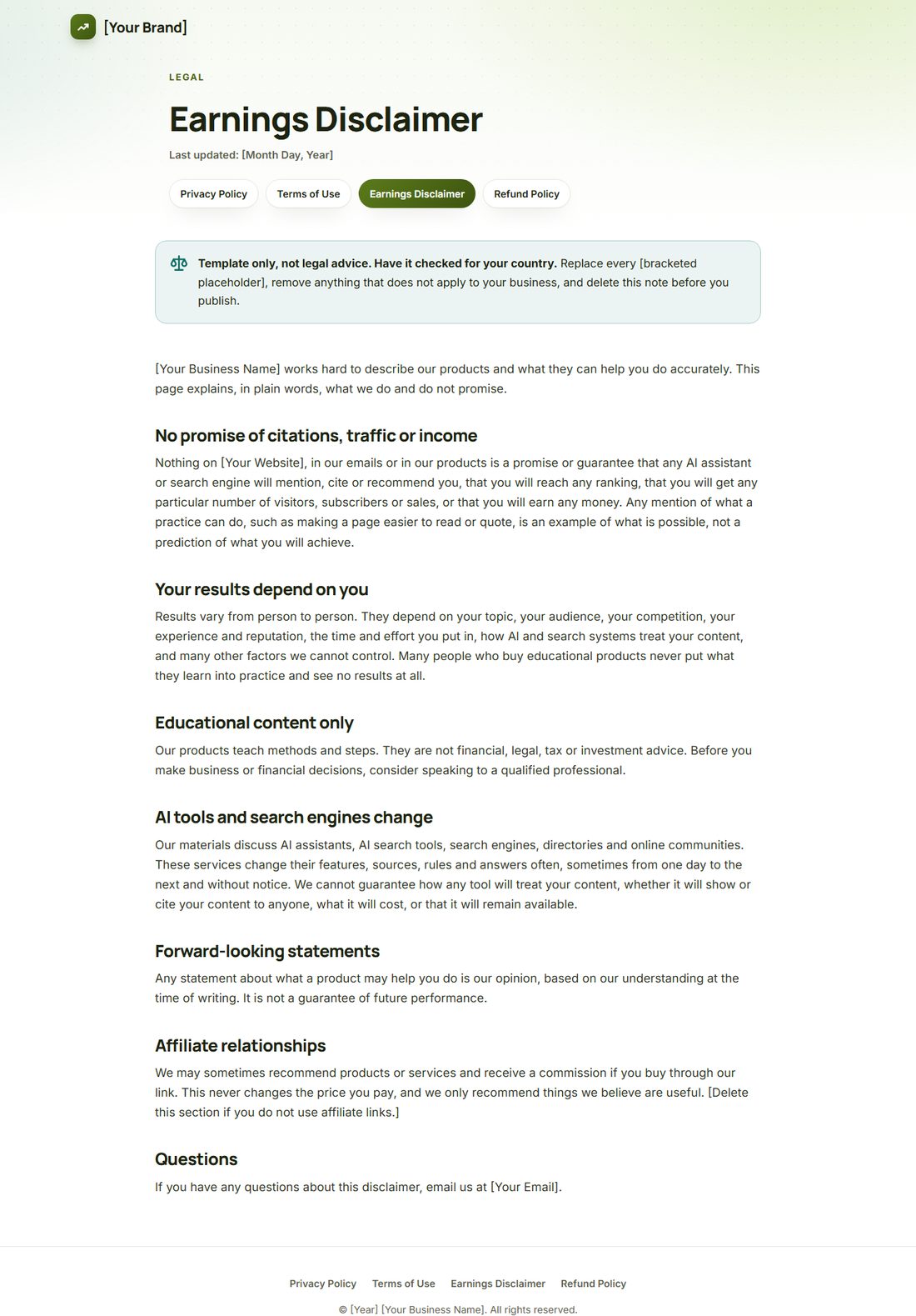 The Earnings Disclaimer template
