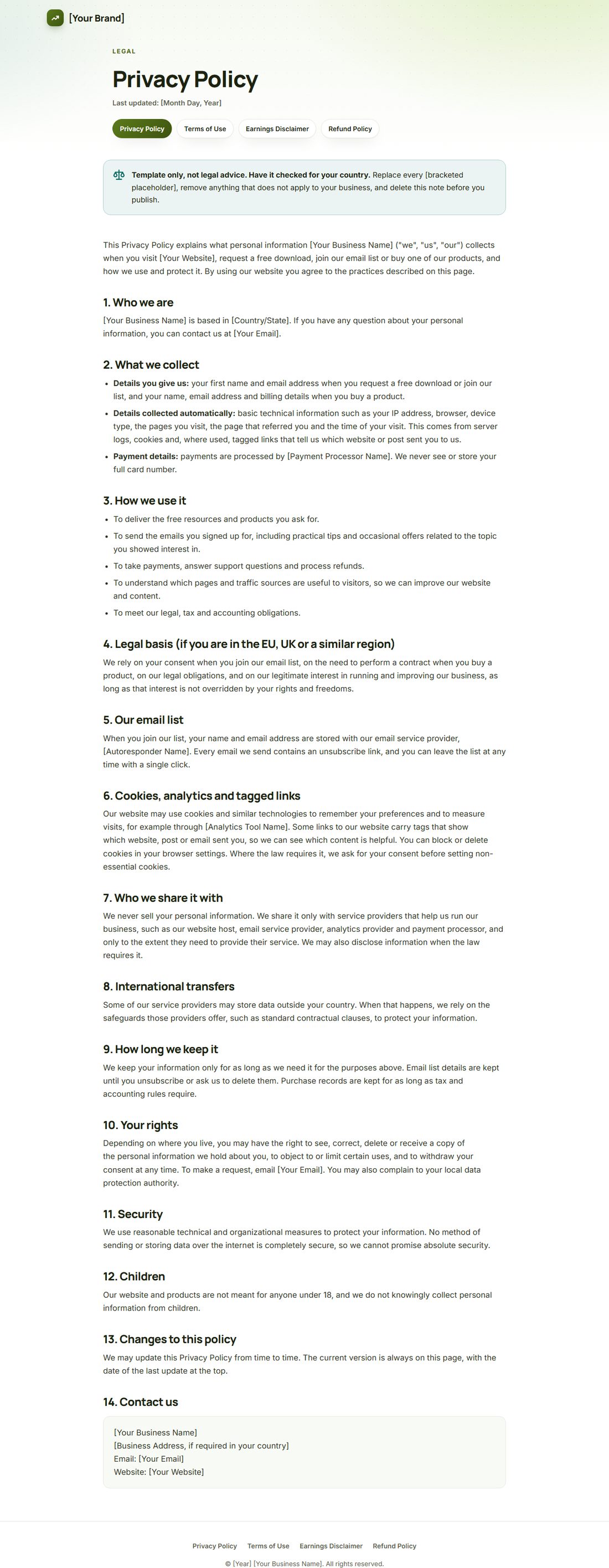 The Privacy Policy template