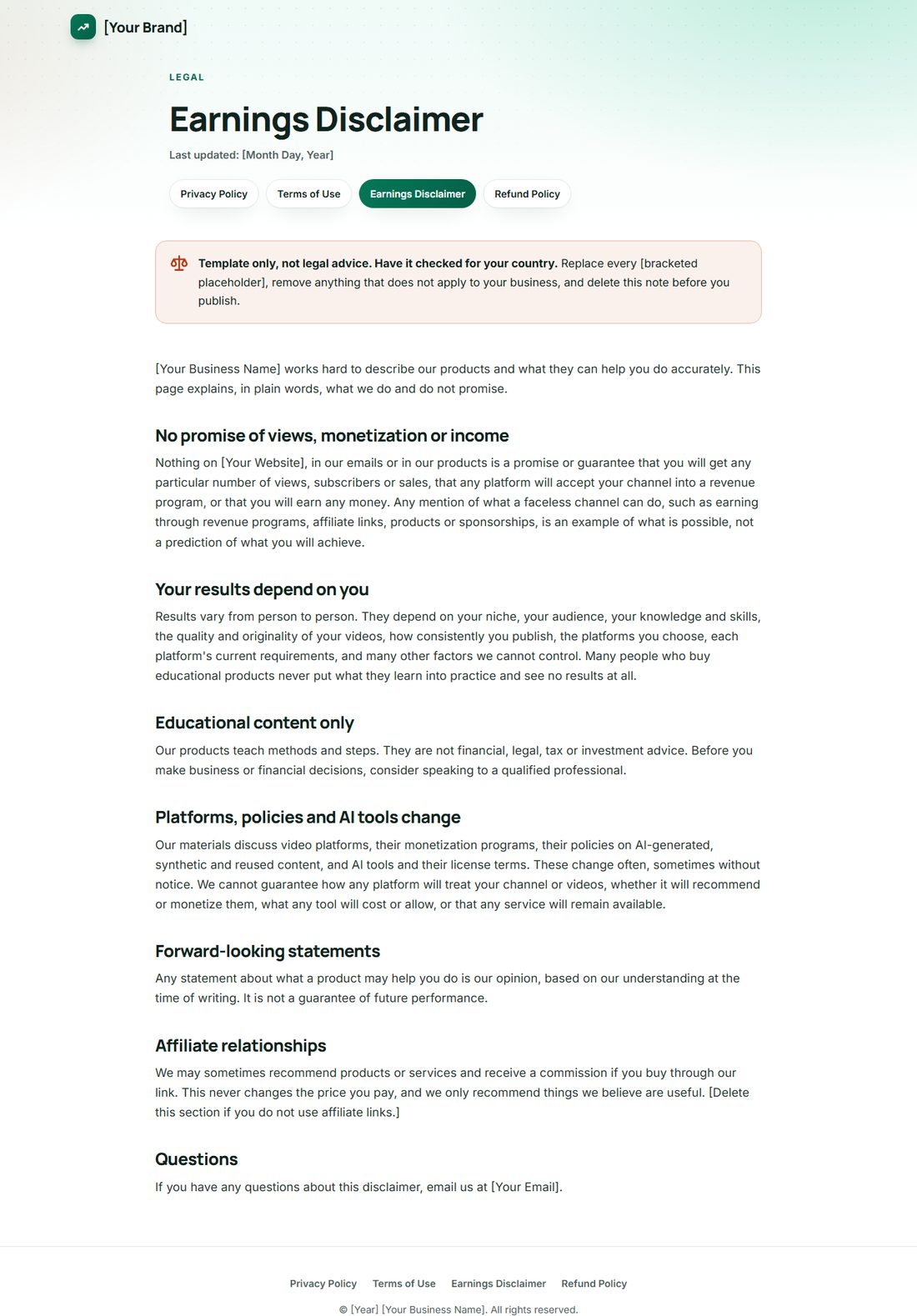 The Earnings Disclaimer template