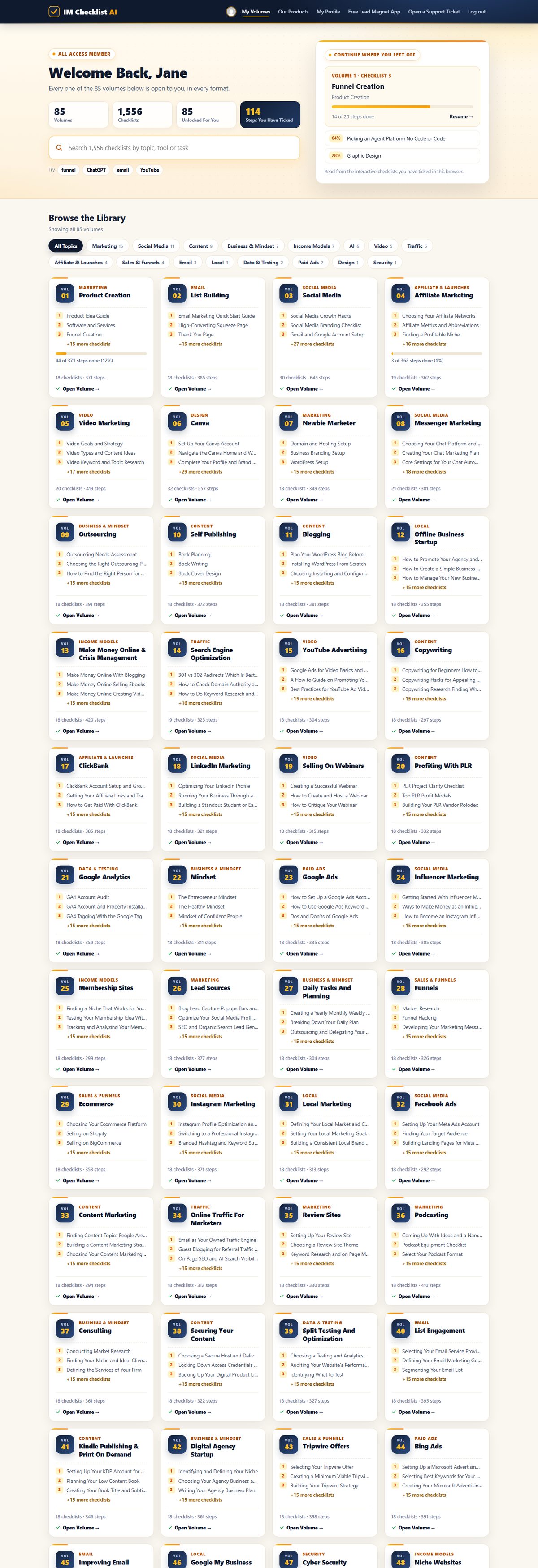 The IM Checklist AI members dashboard: every volume, search, and your progress