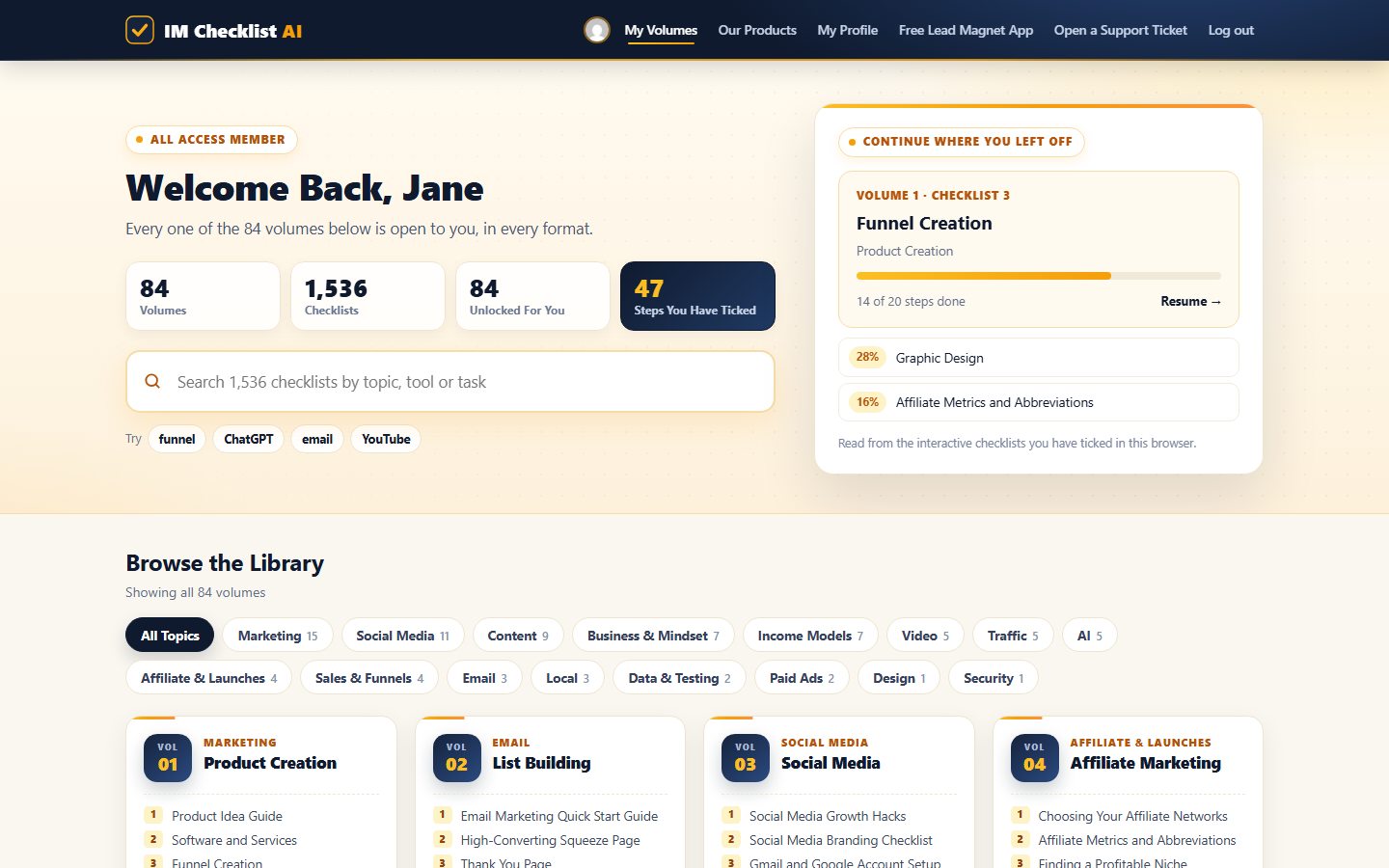 The IM Checklist AI members dashboard: all 84 volumes, search, and your progress