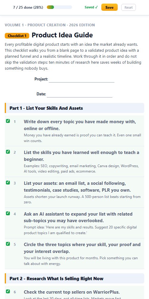 An interactive checklist on a phone, with steps ticked and progress saved