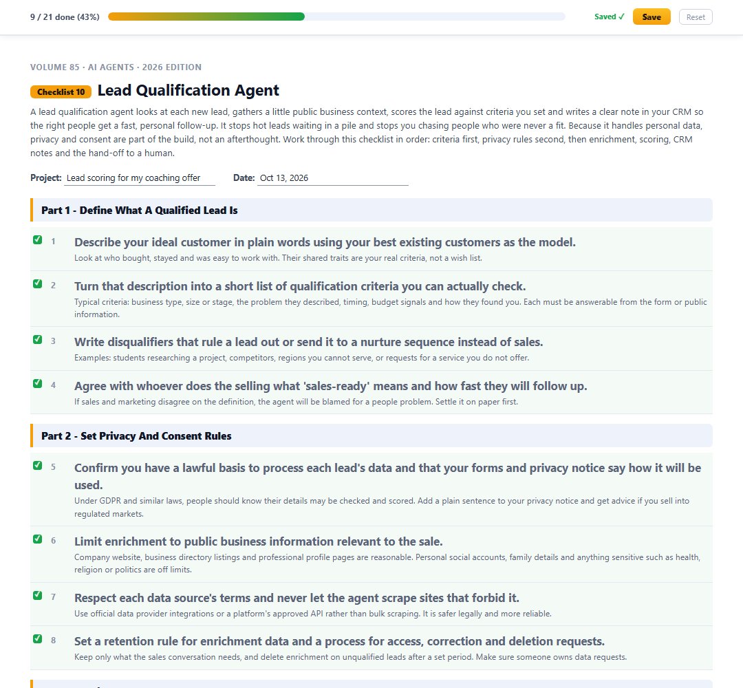 Checklist 10, the Lead Qualification Agent, with 9 of 21 steps ticked