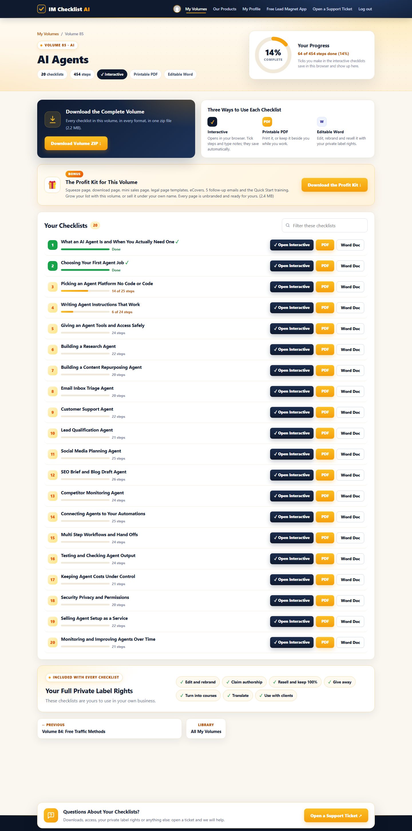Volume 85 inside the IM Checklist AI members area: 20 checklists with progress, PDF and Word downloads