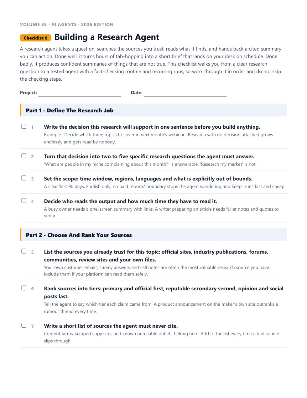 Checklist 6, Building a Research Agent, as a printable PDF