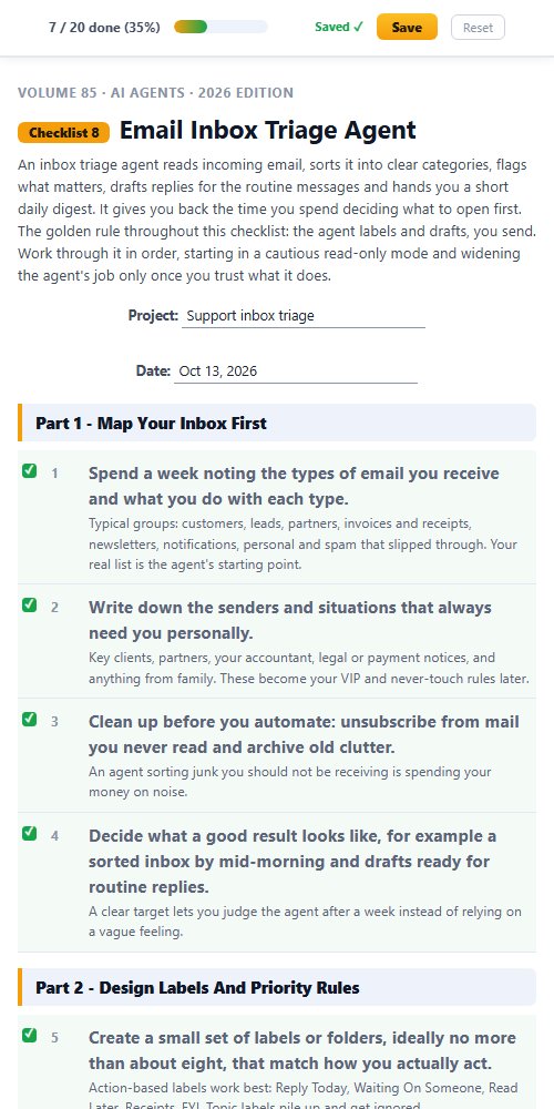 Checklist 8, the Email Inbox Triage Agent, ticked off on a phone