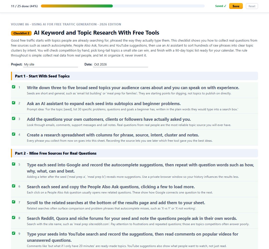 Checklist 2, AI Keyword and Topic Research, with steps ticked
