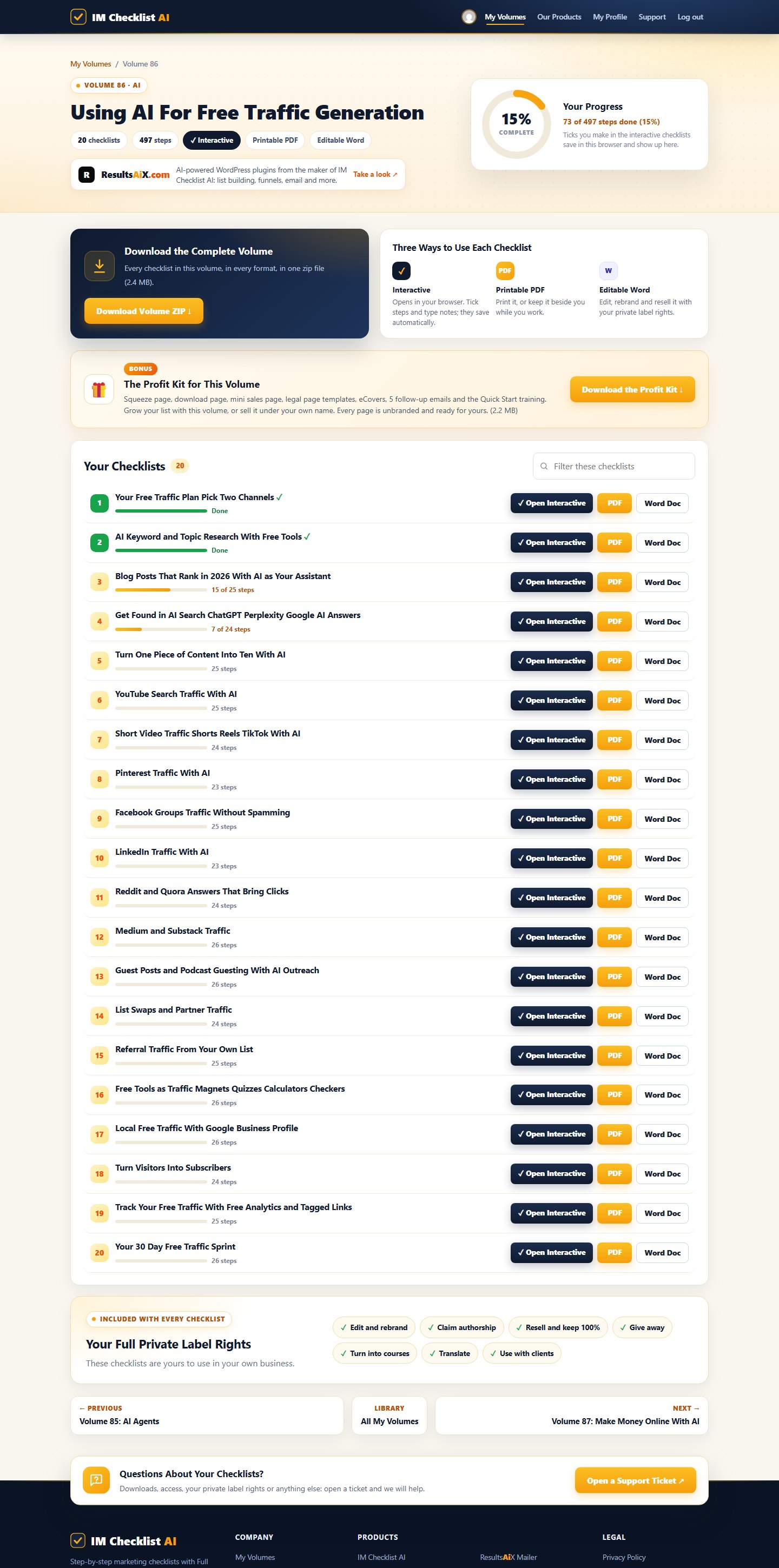Volume 86 inside the IM Checklist AI members area: 20 checklists with progress, PDF and Word downloads