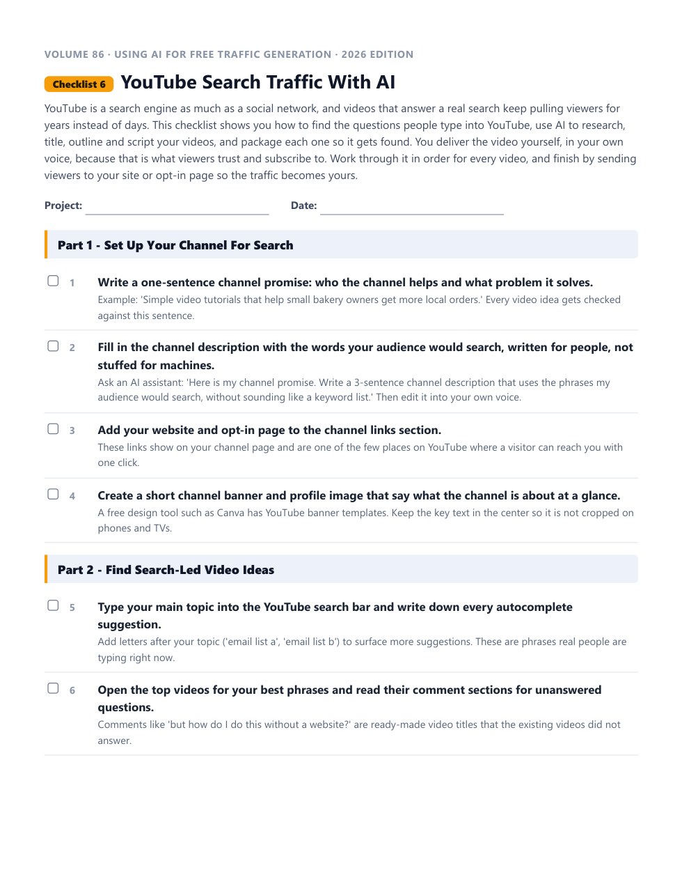 Checklist 6, YouTube Search Traffic With AI, as a printable PDF