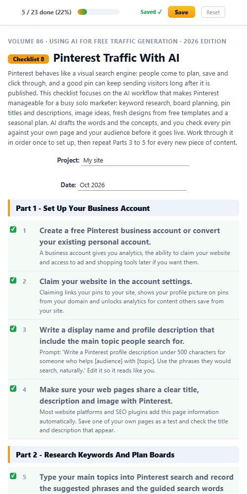 Checklist 8, Pinterest Traffic With AI, ticked off on a phone