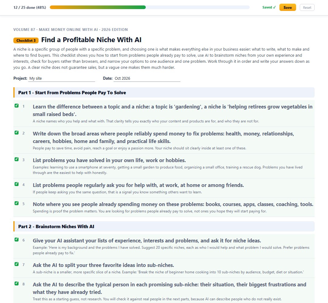 Checklist 3, Find a Profitable Niche With AI, with steps ticked