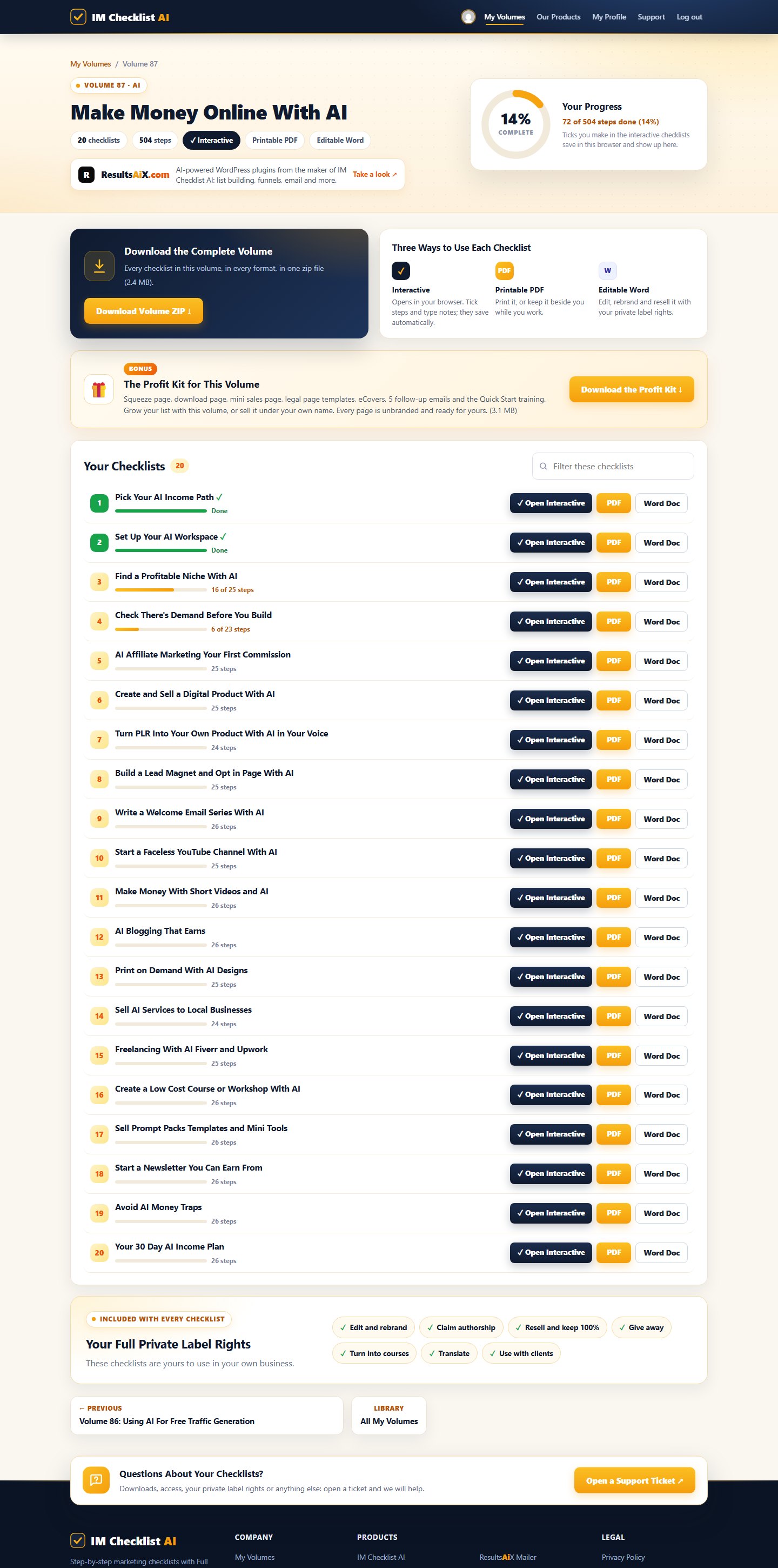 Volume 87 inside the IM Checklist AI members area: 20 checklists with progress, PDF and Word downloads