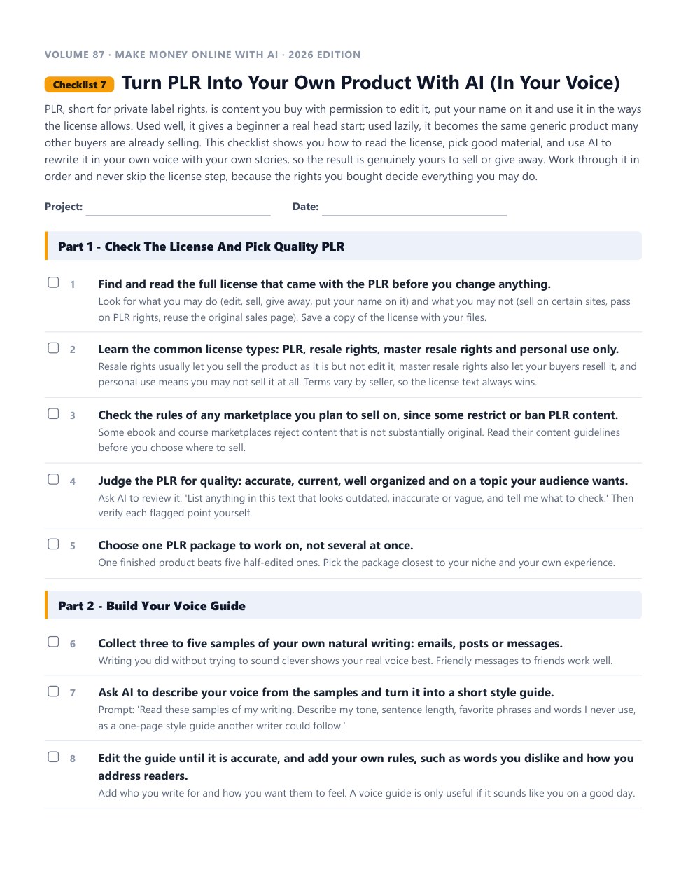 Checklist 7, Turn PLR Into Your Own Product With AI, as a printable PDF
