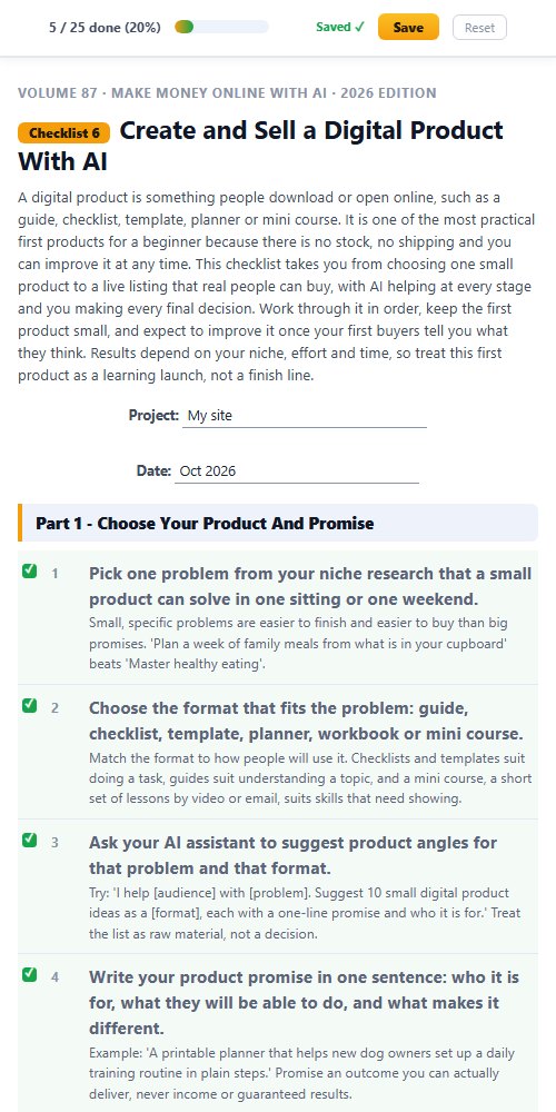 Checklist 6, Create and Sell a Digital Product With AI, ticked off on a phone