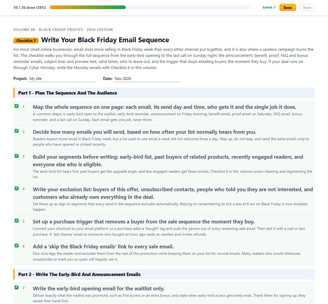 Checklist 7, Write Your Black Friday Email Sequence, with steps ticked
