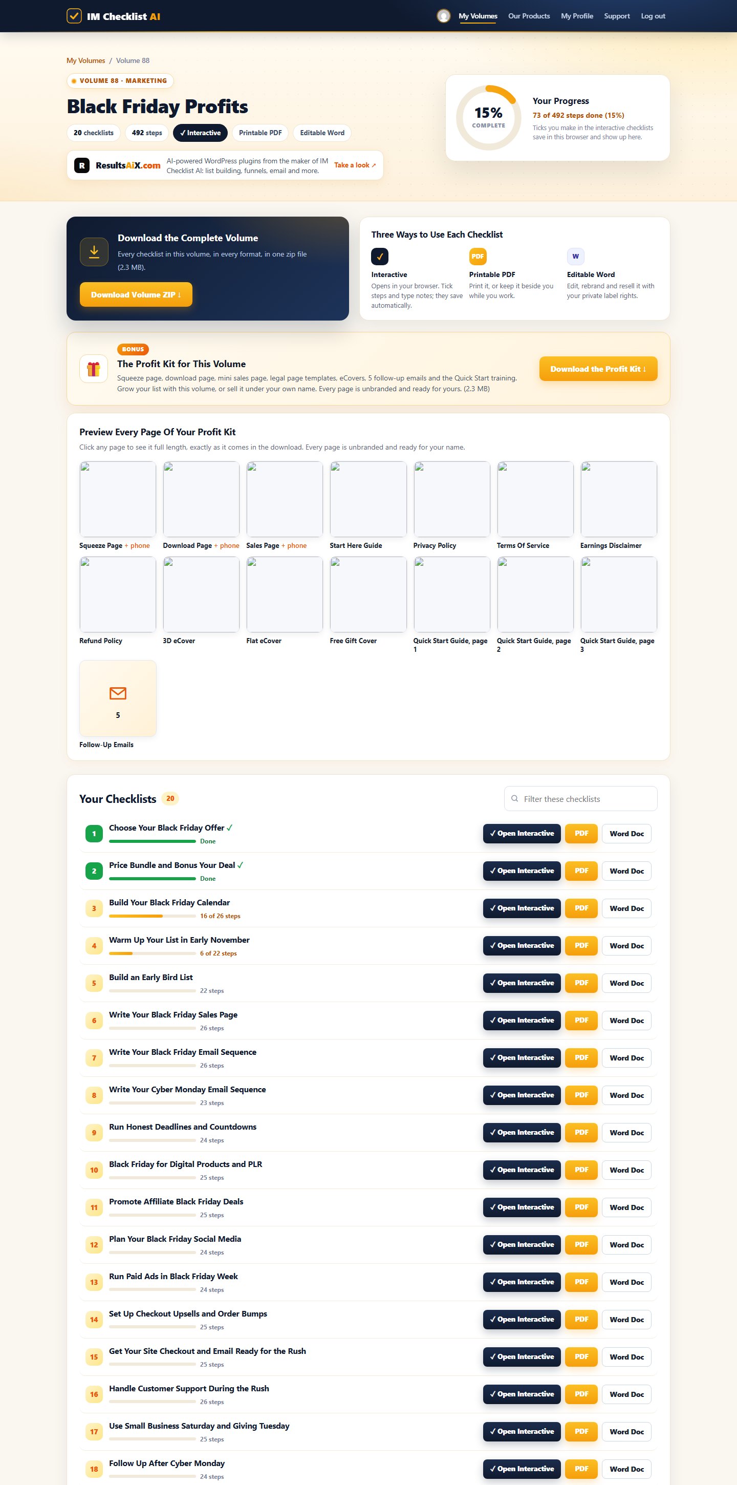 Volume 88 inside the IM Checklist AI members area: 20 checklists with progress, PDF and Word downloads