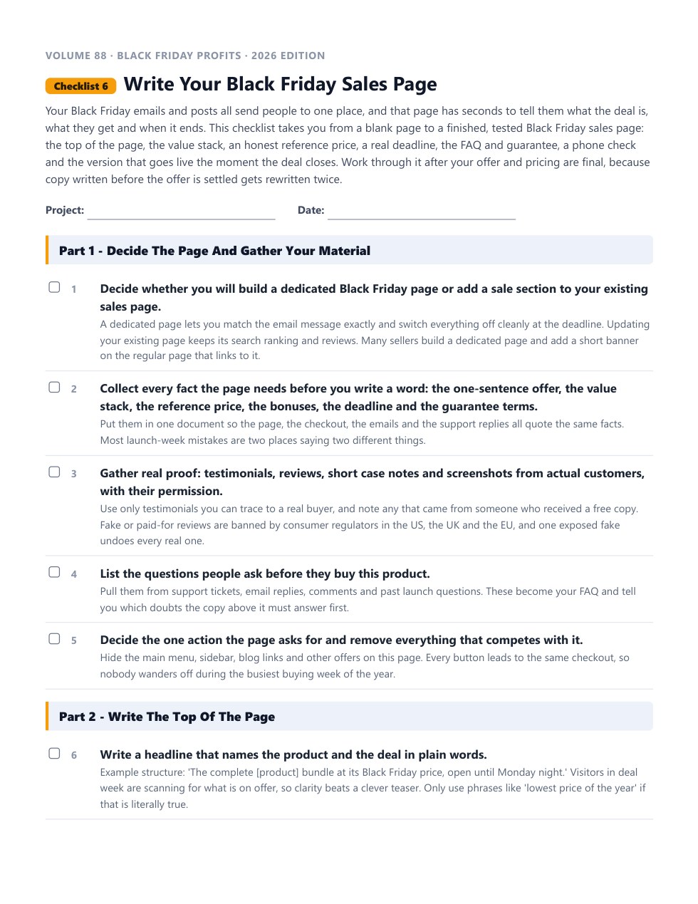 Checklist 6, Write Your Black Friday Sales Page, as a printable PDF