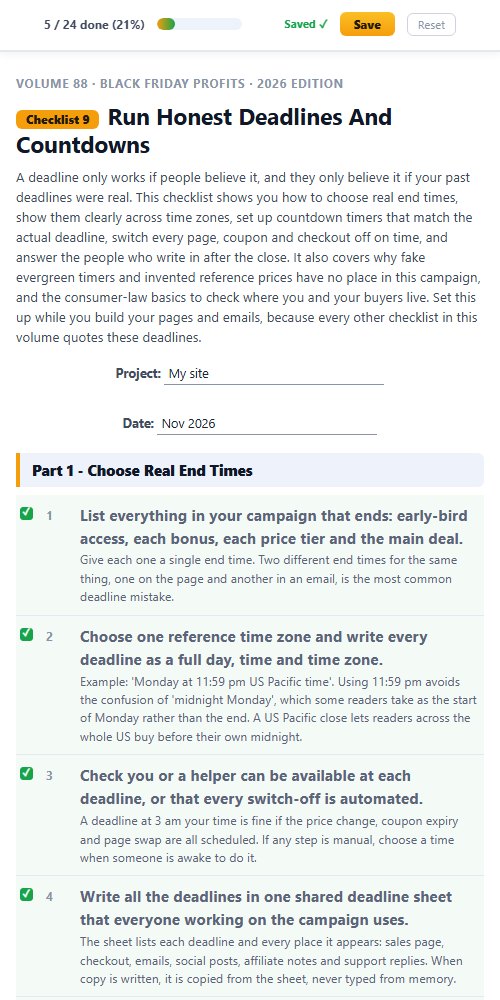 Checklist 9, Run Honest Deadlines And Countdowns, ticked off on a phone