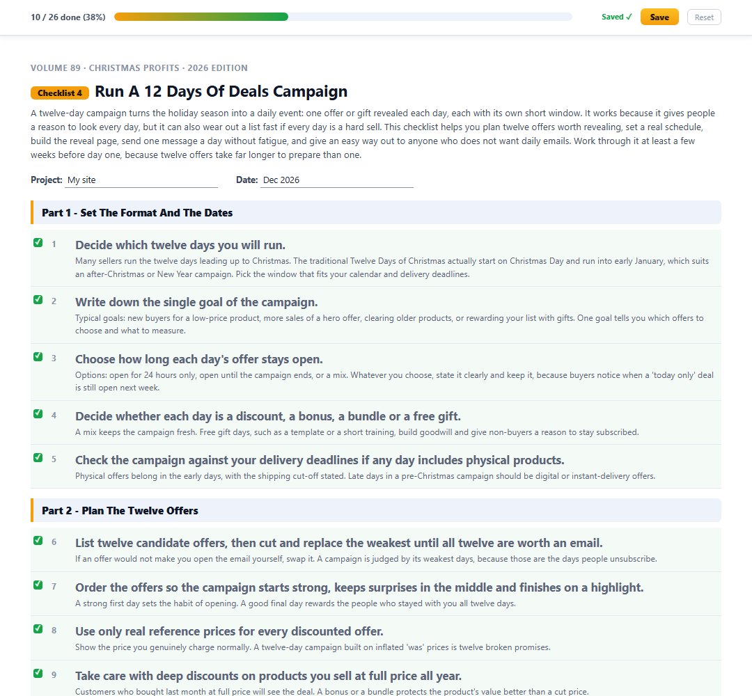 Checklist 4, Run A 12 Days Of Deals Campaign, with steps ticked