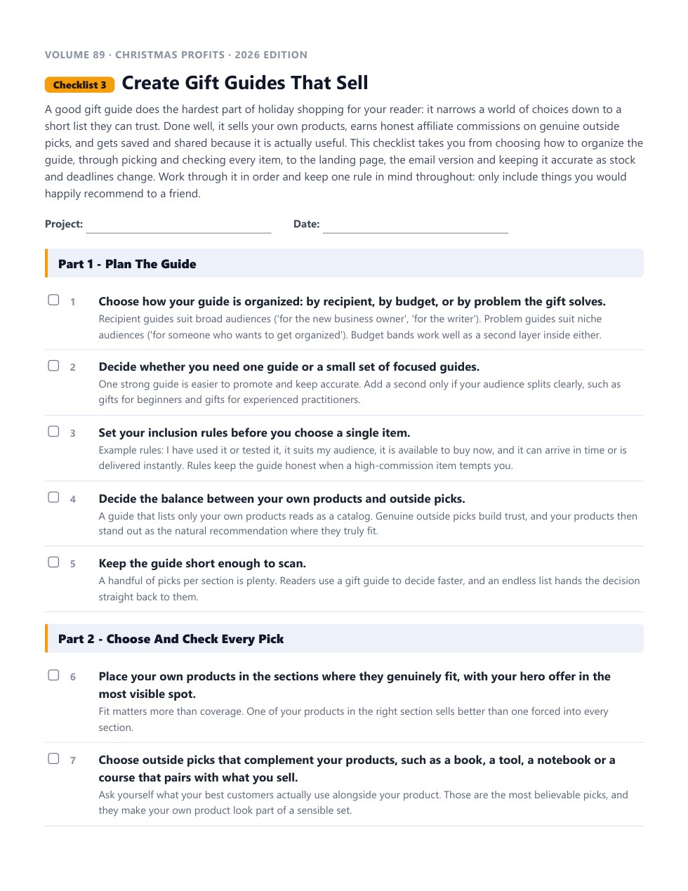 Checklist 3, Create Gift Guides That Sell, as a printable PDF