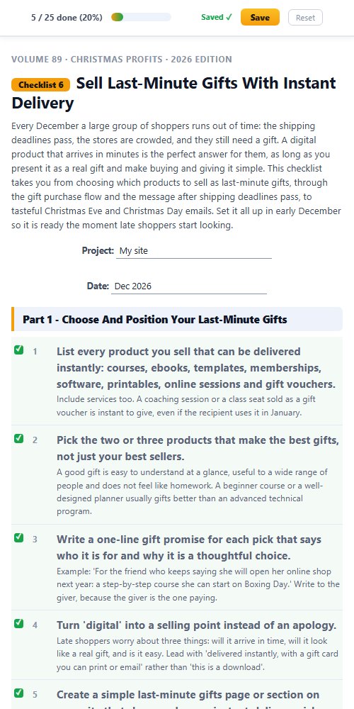 Checklist 6, Sell Last-Minute Gifts With Instant Delivery, ticked off on a phone