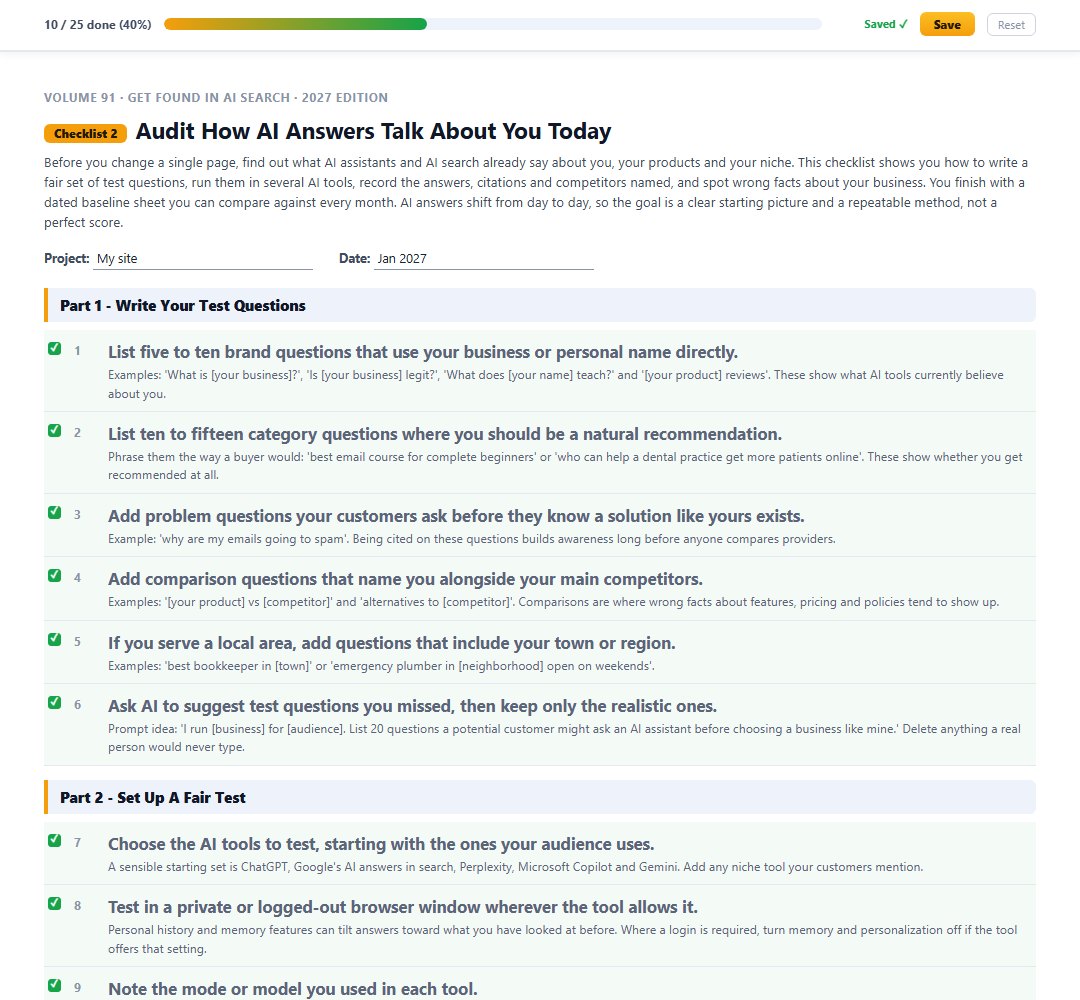 Checklist 2, Audit How AI Answers Talk About You Today, with steps ticked