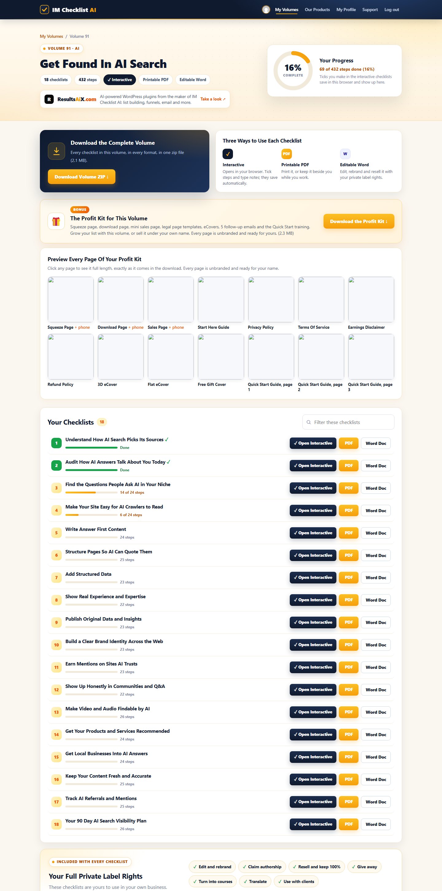 Volume 91 inside the IM Checklist AI members area: 18 checklists with progress, PDF and Word downloads